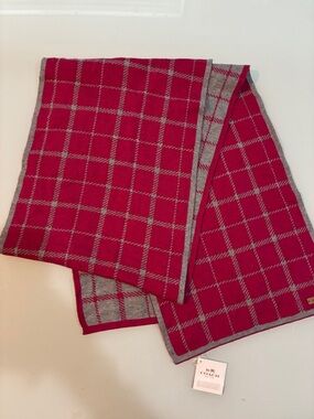 Coach Red and Gray Windowpane Wool Scarf